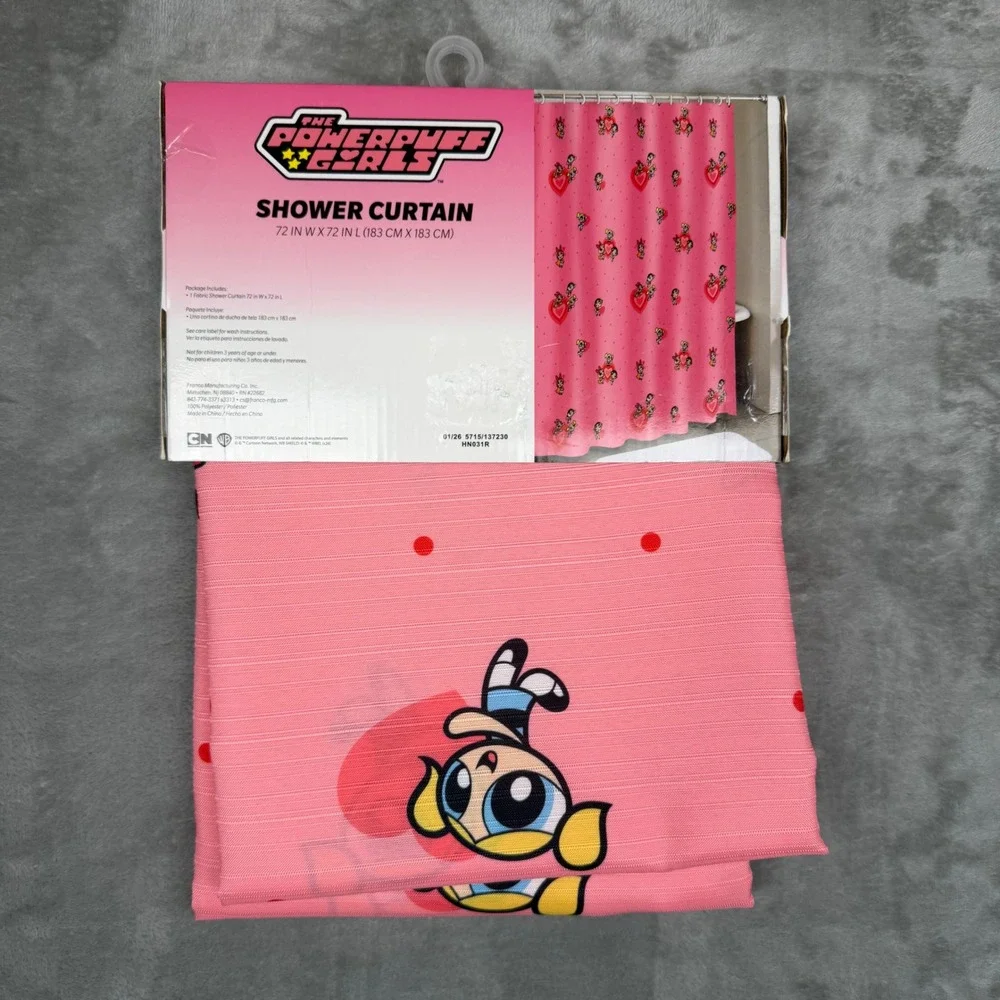 Powerpuff Girls Pink Fabric Shower Curtain 72x72 Cartoon Network Y2K Heart New